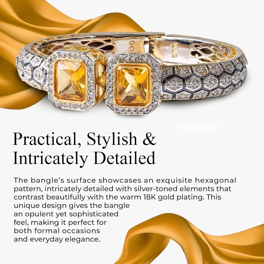 Women's Topaz 18k Gold Plated Cuff Intricate Hexagonal Design Stunning Bangle - Picture 4 of 9